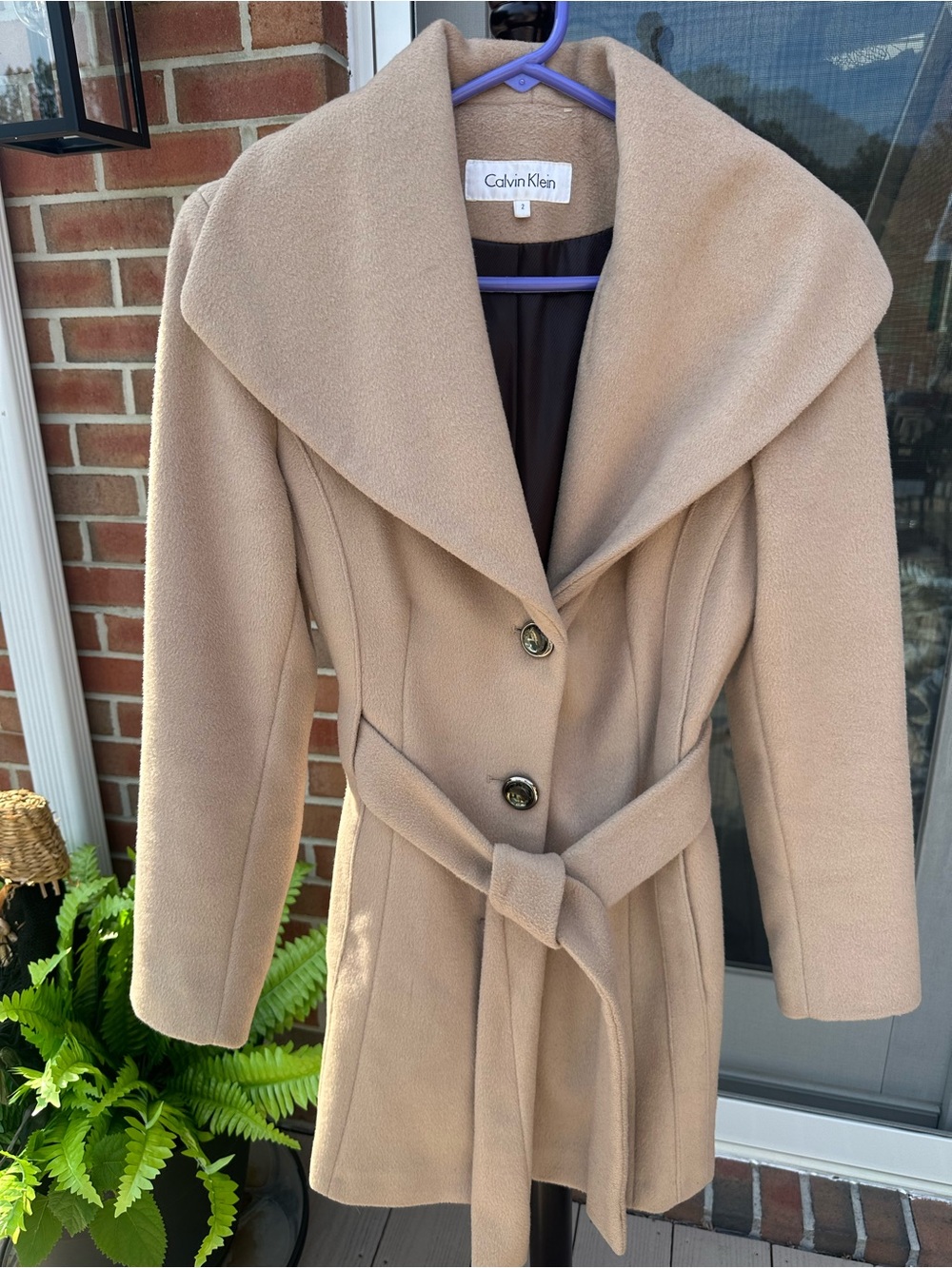 Calvin Klein Camel Shawl-Collar Belted Wool-Blend Coat